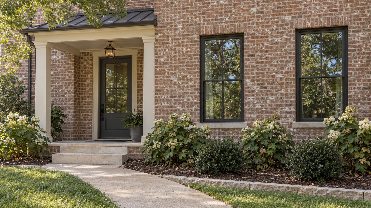 Brick house facade with a recessed entry, two tall windows, limestone steps, and shrubs in a mulched bed.