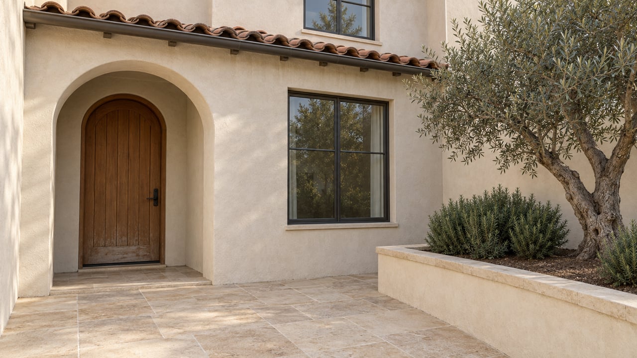 Cream stucco home entry with an arched oak door, dark-framed windows, limestone paving and an olive tree in a raised planter.
