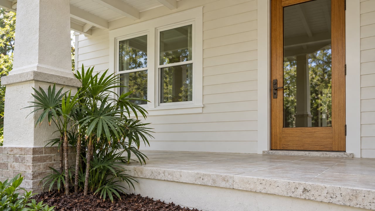 Cream bungalow porch with an oak glazed entry door, paired white windows, pale stone flooring, and a specimen lady palm.