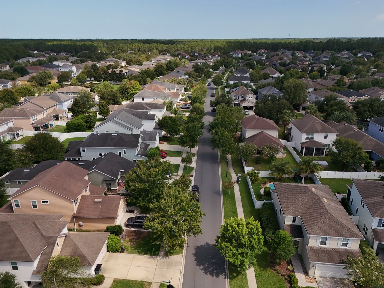 Aerial view of a tree-lined neighborhood with detached homes along a central road.