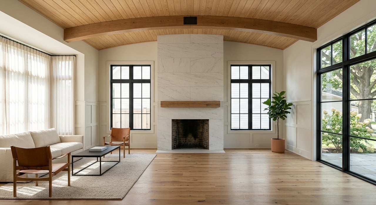 Great room with a stacked-limestone fireplace, reclaimed-oak mantel, arched timber trusses, and black steel windows.