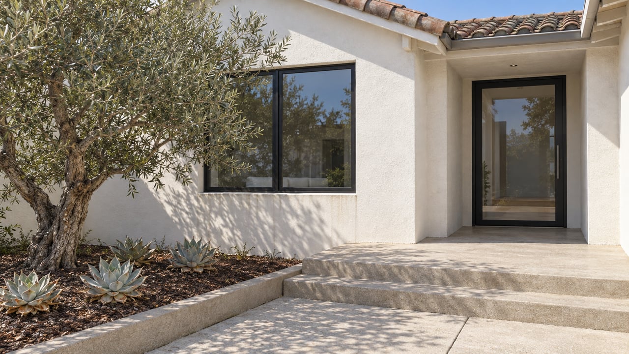 Sunlit white stucco home with a clay-tile gable, recessed black-framed glass door, concrete entry steps and a sculptural olive tree.