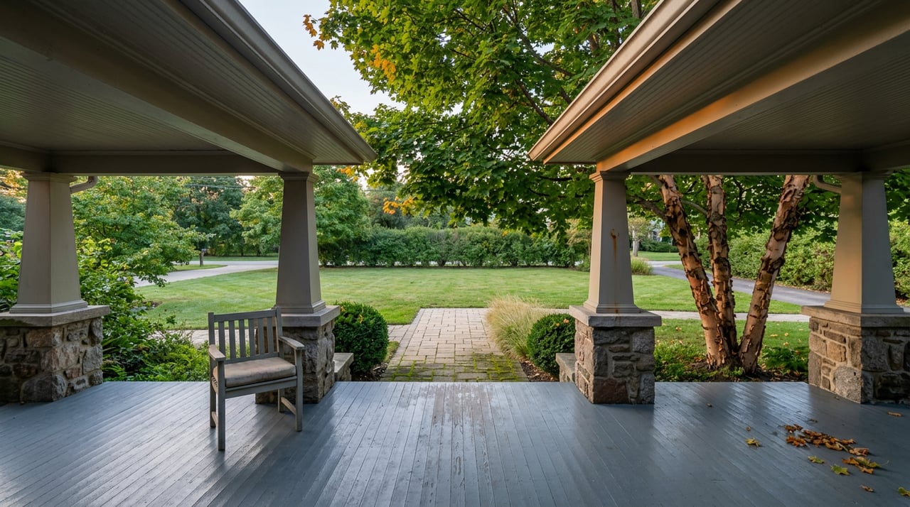Gray porch with stone-based columns, an empty chair, steps, and a walkway across the lawn.