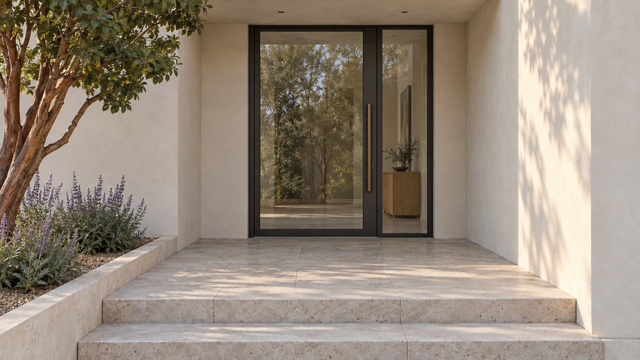 Recessed modern home entrance with charcoal-framed glass, warm ivory stucco, pale limestone steps and a cinnamon-barked strawberry tree.
