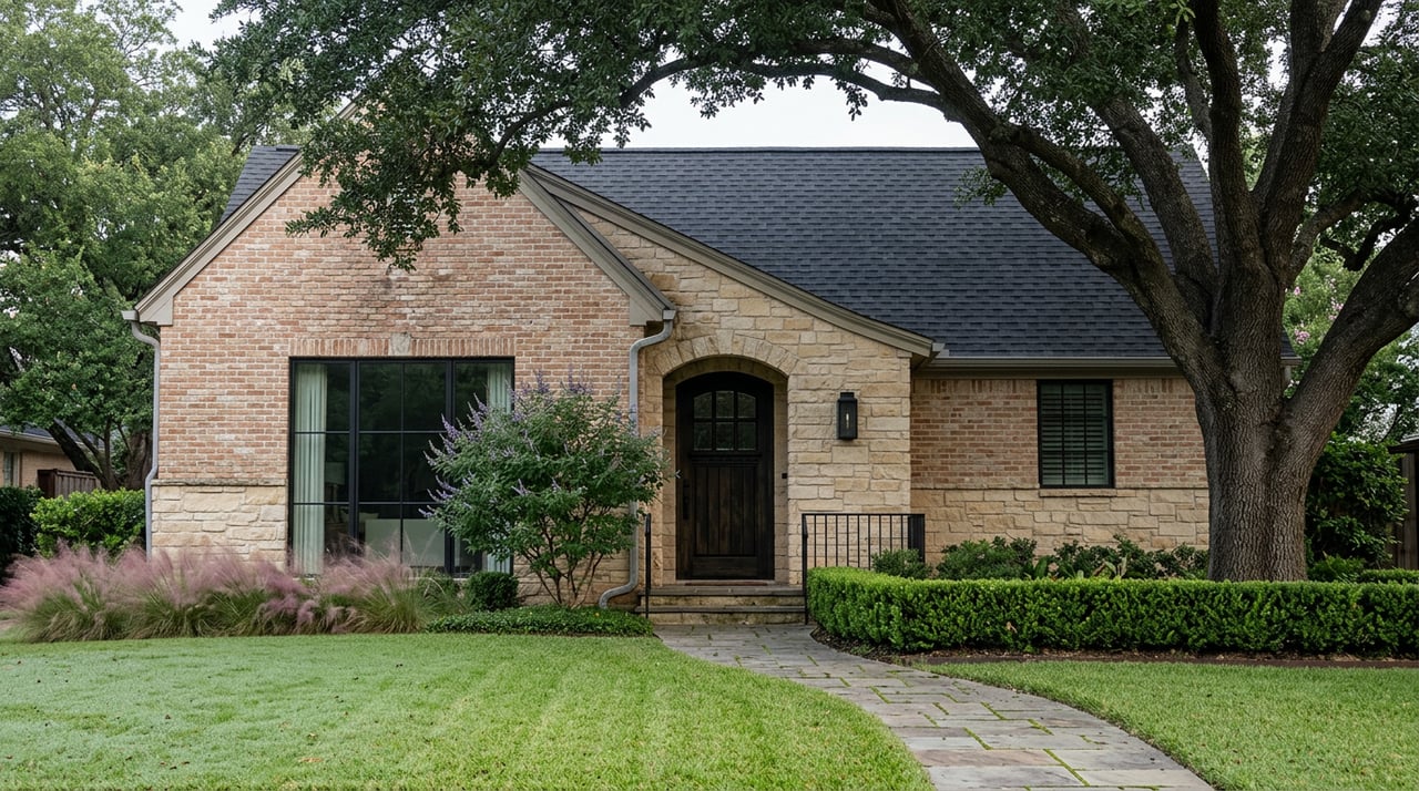 Stone-and-brick house with an arched black door, paver walkway, and spreading live oak.