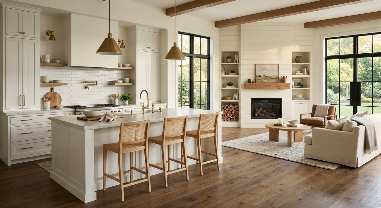 Open-plan kitchen and living room with a gray island, brass pendants, and white shiplap fireplace.