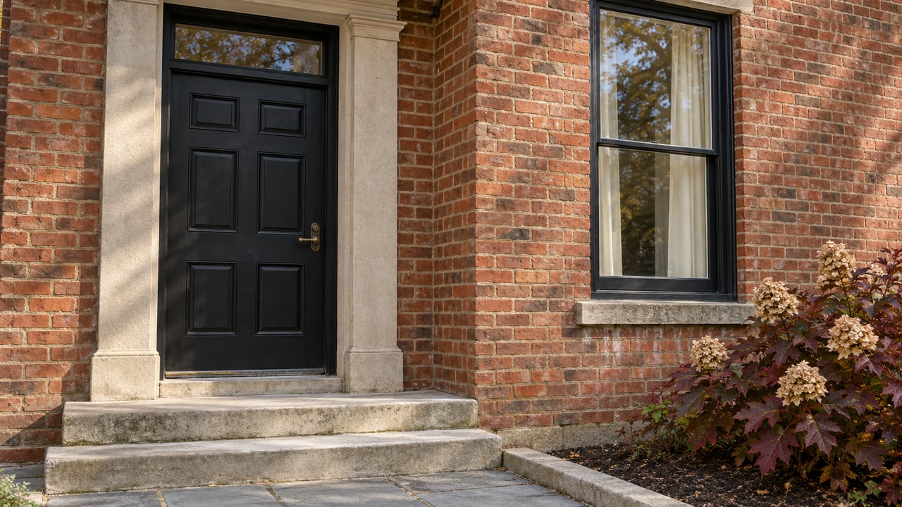 Warm red brick home entrance with a black timber door, limestone steps, and burgundy oakleaf hydrangea foliage.