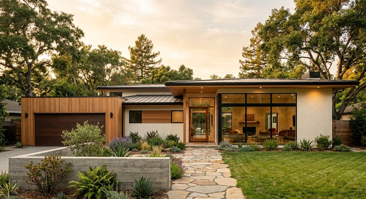 Off-white stucco ranch house with a gray garage, limestone path, layered plantings, and broad oak canopy.
