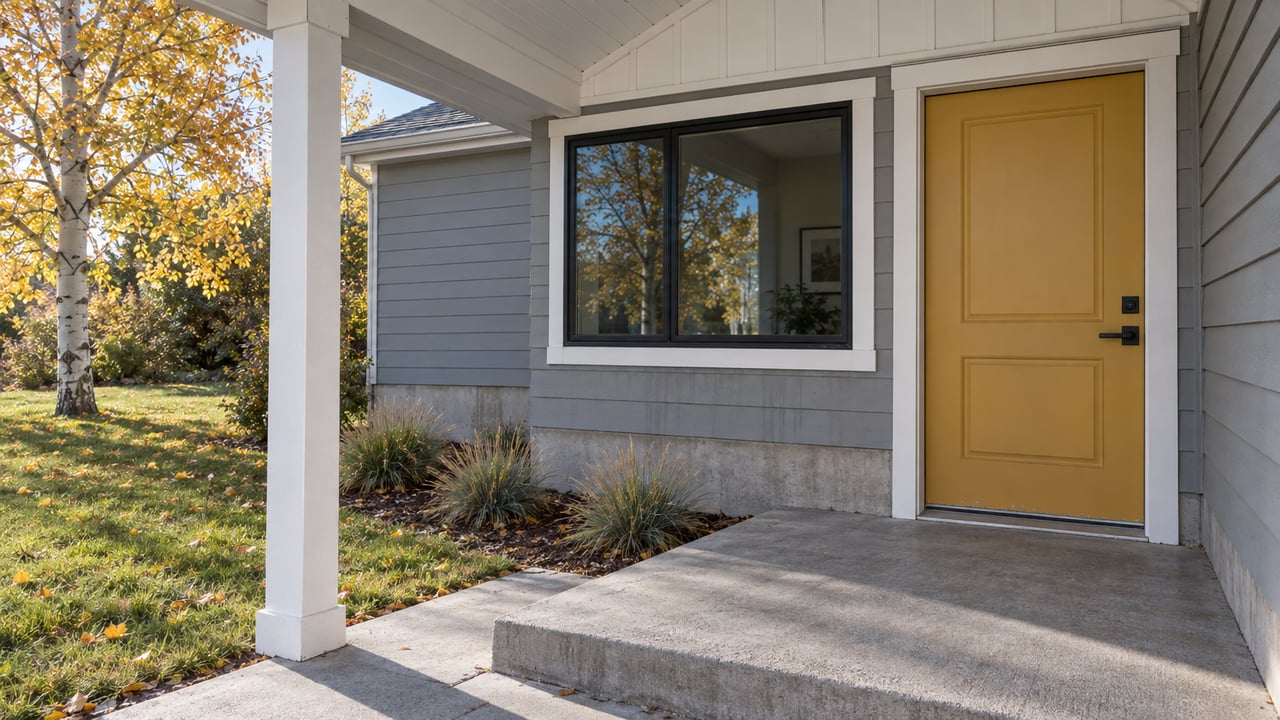 Sunlit covered entry with gray lap siding, a mustard door, concrete steps and a golden-leaved aspen beside an autumn lawn.