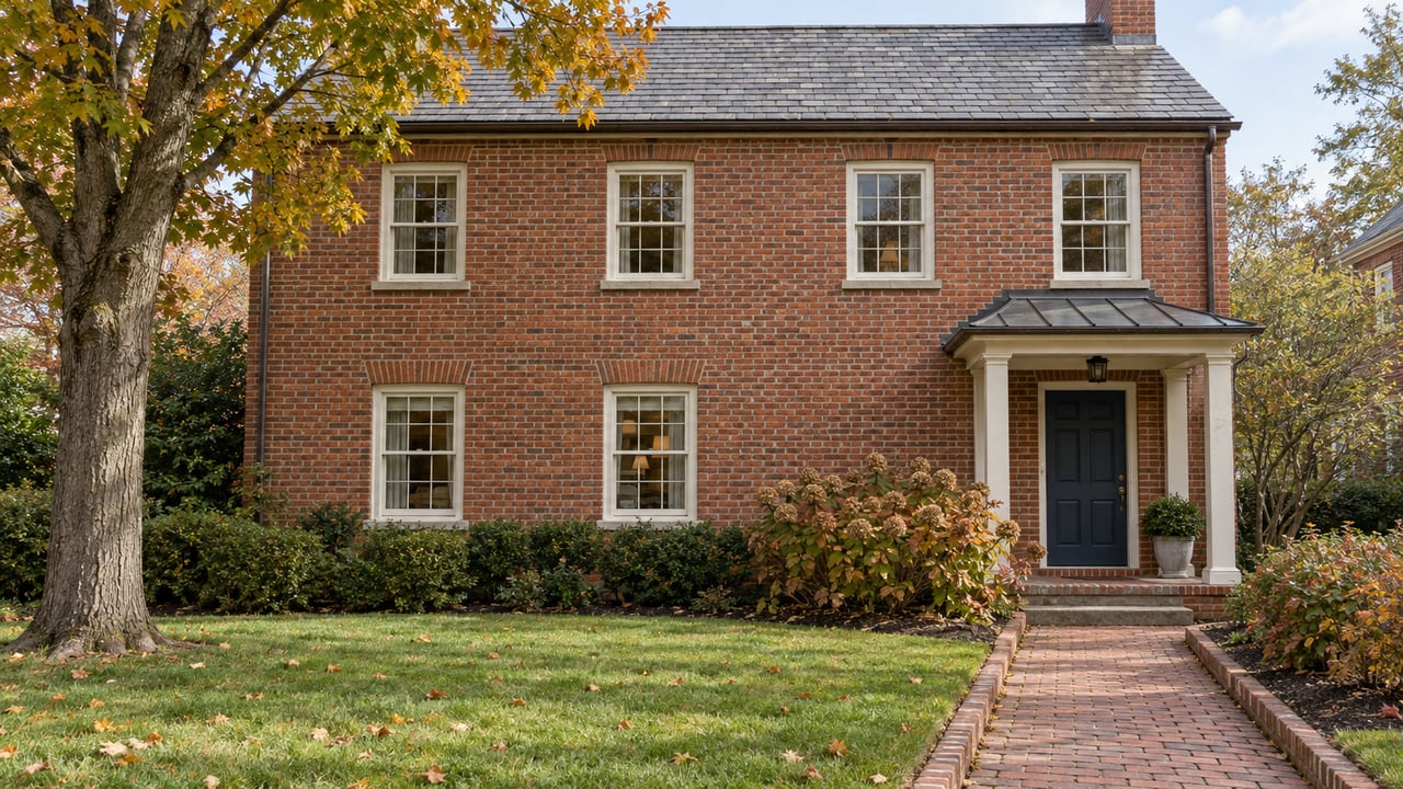 Red brick house with white wood windows, a covered entry and a brick walk across an autumn front garden.