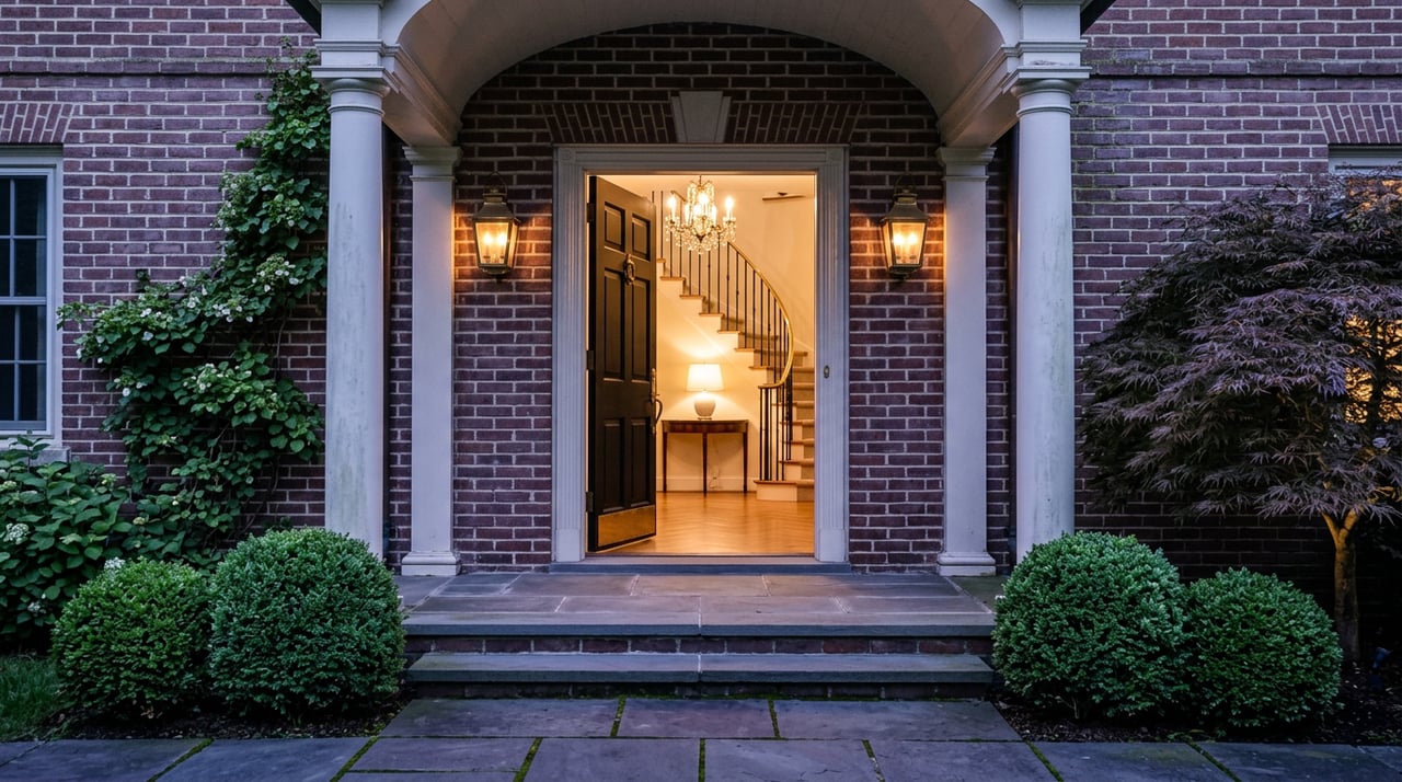 Open black door reveals a warmly lit foyer with a curved staircase, framed by brick, boxwood, and bluestone steps.
