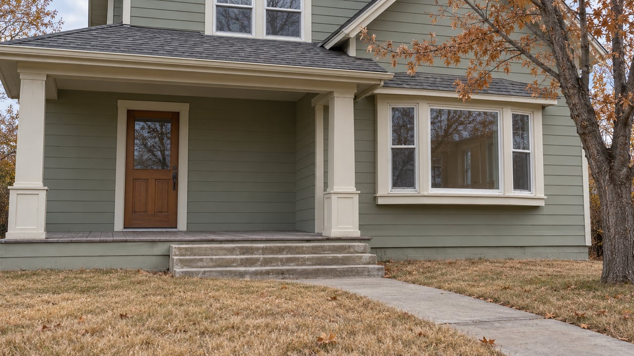Sage lap-sided home with a sheltered wood porch, ivory-trimmed windows and a late-autumn lawn.