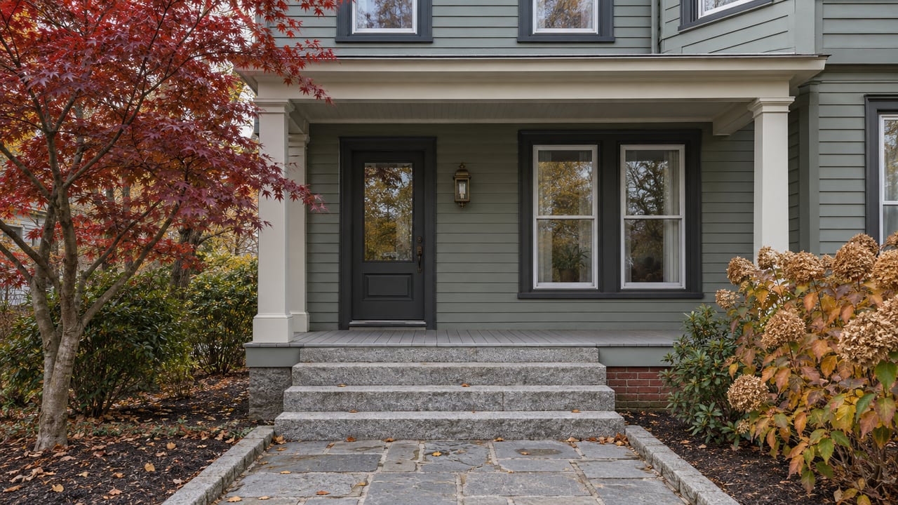 Gray-green clapboard home with an ivory-post porch, granite steps and red autumn maple leaves.