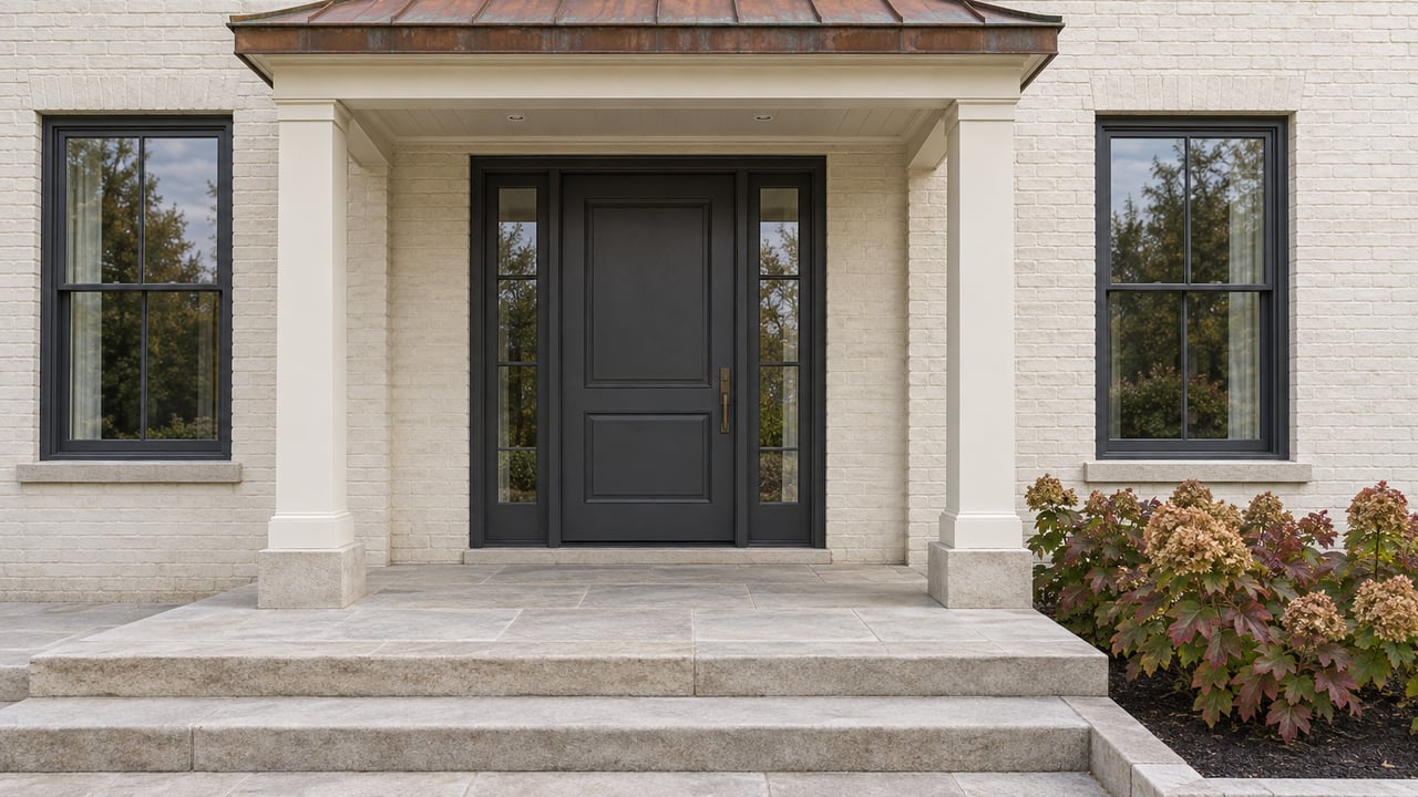 Ivory painted-brick home entrance with a charcoal door, copper portico roof, limestone steps and autumn oakleaf hydrangeas.