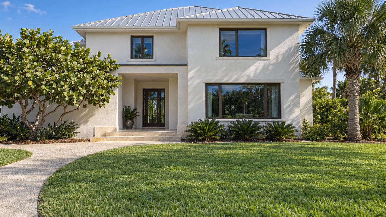 Two-story off-white stucco house with a curved concrete approach, lawn, and palms.