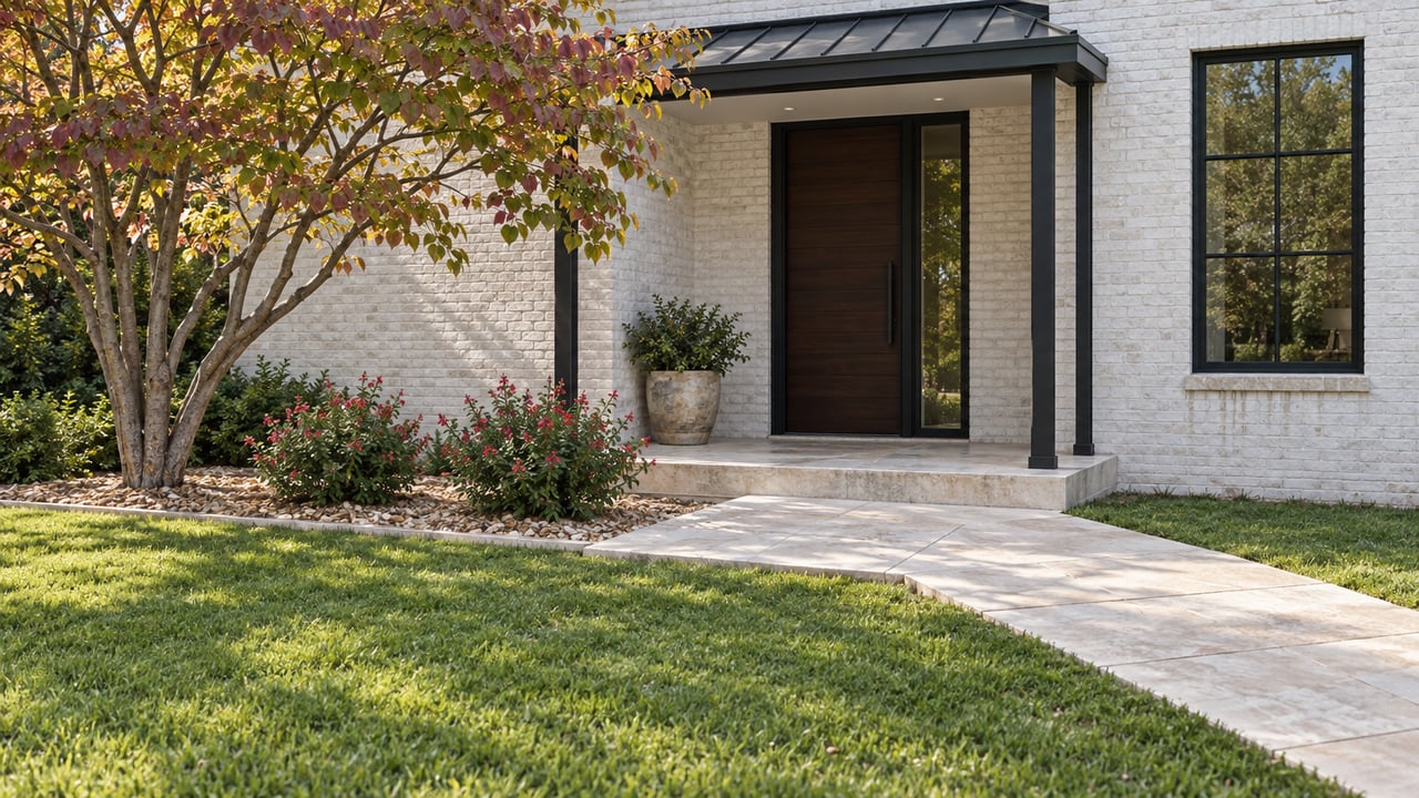 White brick entry with dark wood door, black-framed window, limestone walk, and three shrubs beside a broad lawn