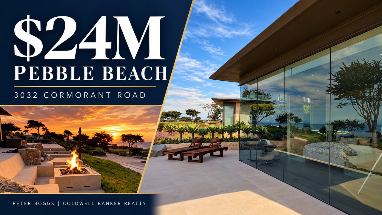 3032 Cormorant Road in Pebble Beach, showing the glass exterior and ocean-view terrace with a sunken fire pit.