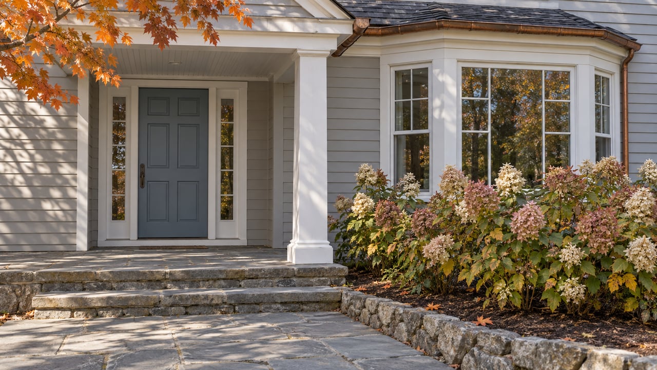 Gray clapboard home with a blue front door, white-trimmed bay window, stone steps, and autumn hydrangeas.
