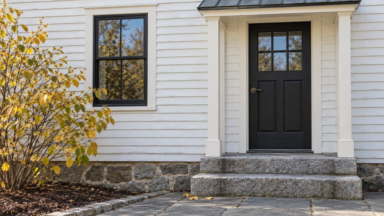 Autumn daylight on a white clapboard home's black entry door, double-hung window and weathered granite steps beside a yellow-leaved witch hazel.