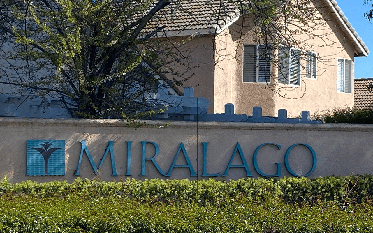 Landscaped entry monument sign for the Miralago neighborhood in Menifee, CA.