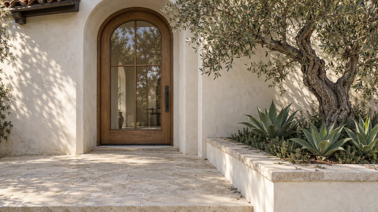 Recessed arched oak-and-glass entry beside an olive tree and agaves in a raised planter.