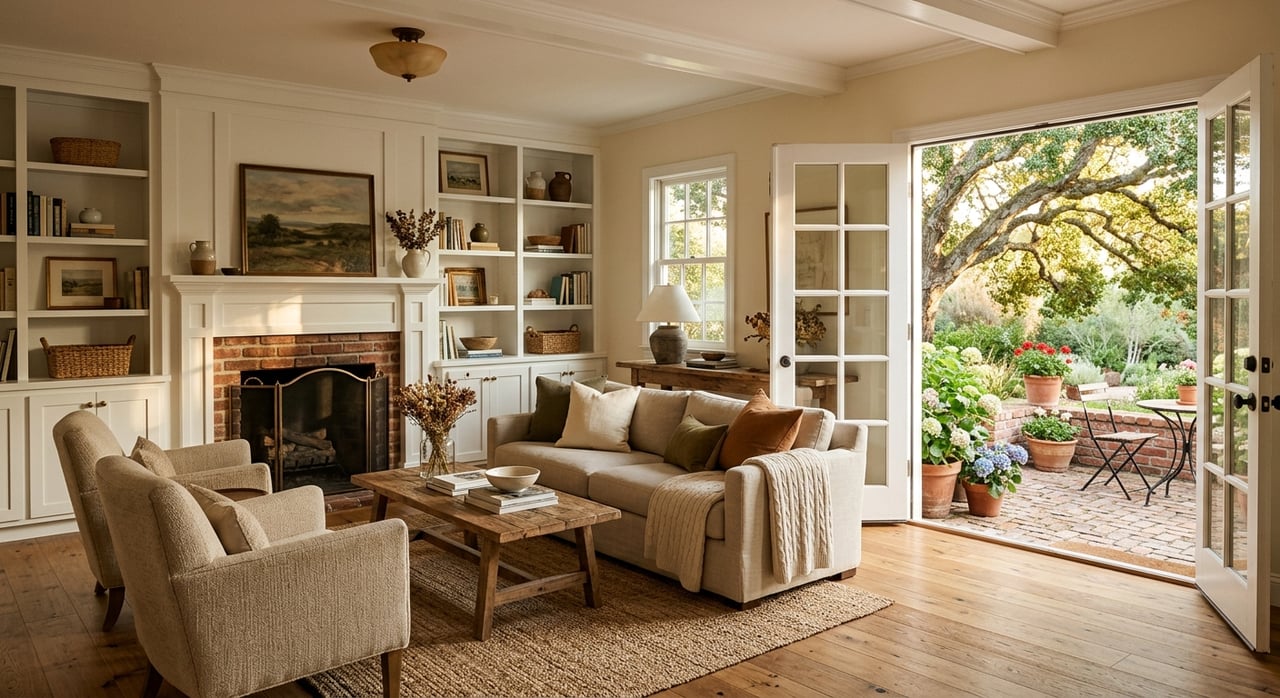 Living room with white built-ins, an oatmeal sofa, walnut coffee table, and French doors opening onto a brick patio.