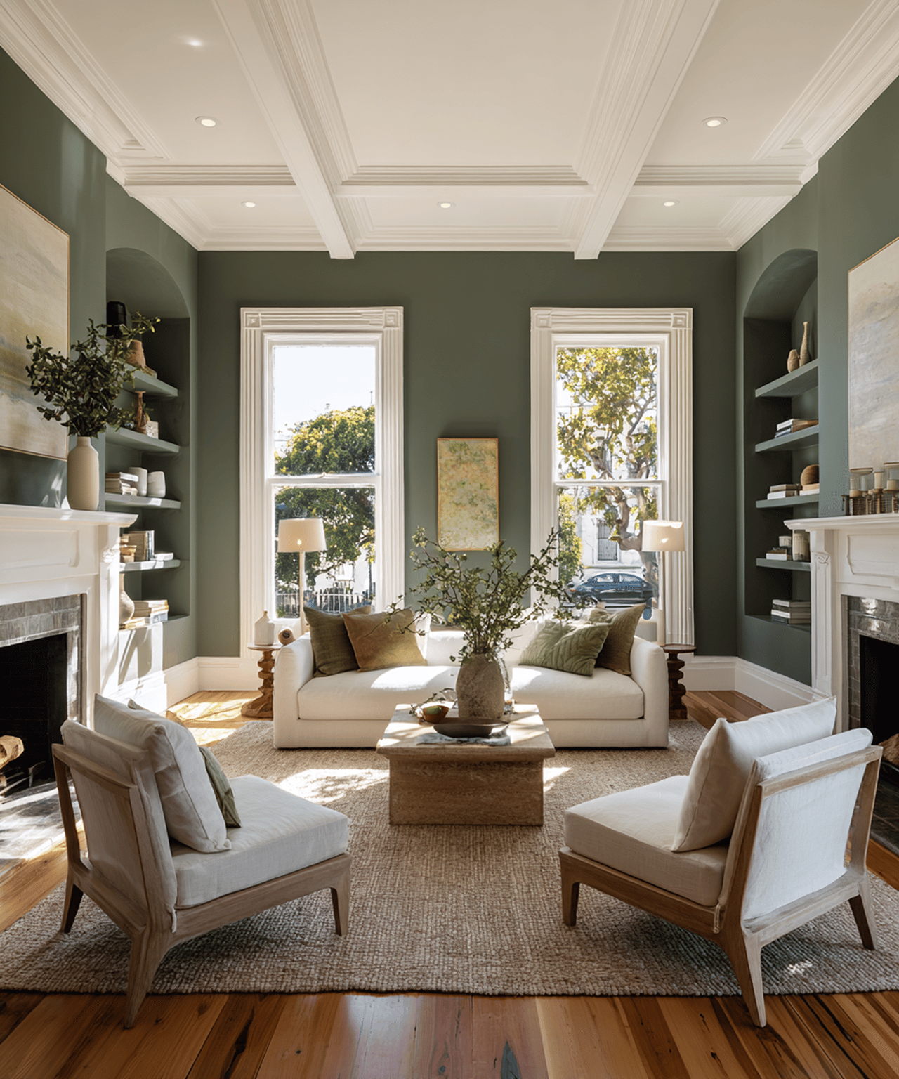 Living room with a white coffered ceiling, dark green walls, built-in shelves, and tall sunlit windows.