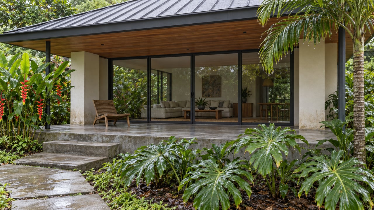 A low modern home with a timber-lined roof overhang, enclosed glass living room and concrete terrace overlooking palms and broad-leaf tropical planting.