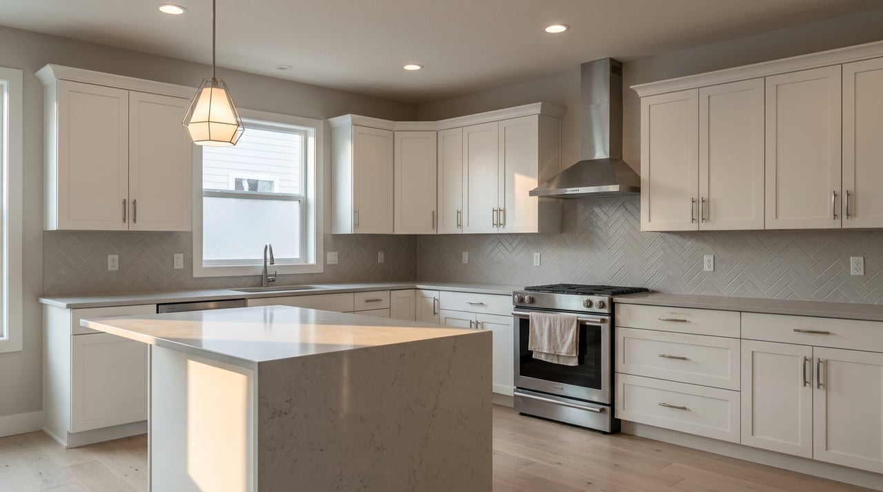 White shaker kitchen with a herringbone backsplash, stainless range, and warm sunlight across a quartz island.
