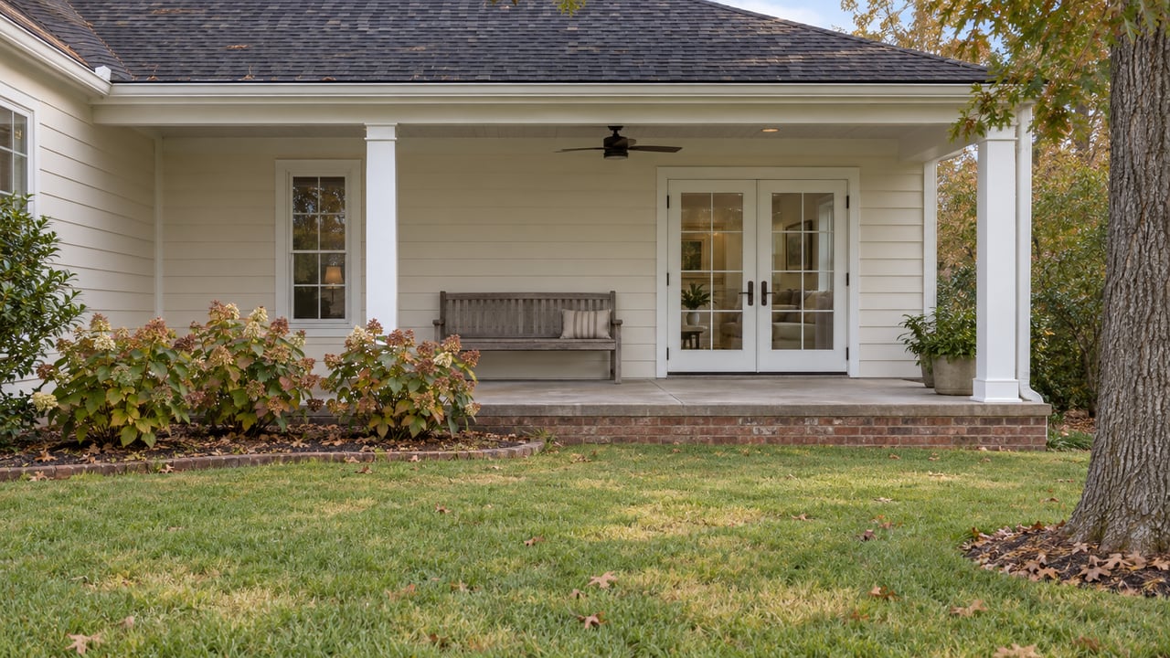 Cream-sided home with a raised brick porch, closed French doors, and a lawn edged by copper-leaved shrubs.