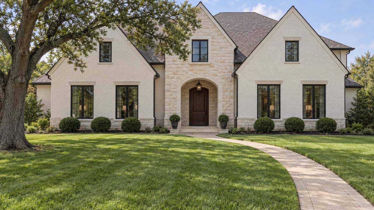 Established luxury home with cream painted brick, a limestone arched entrance, steep gables and a broad manicured front lawn.