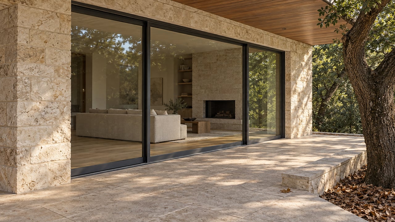 Limestone and cedar covered terrace with closed sliding glass doors, an enclosed living room, and a mature live oak beside a raised stone paving edge.