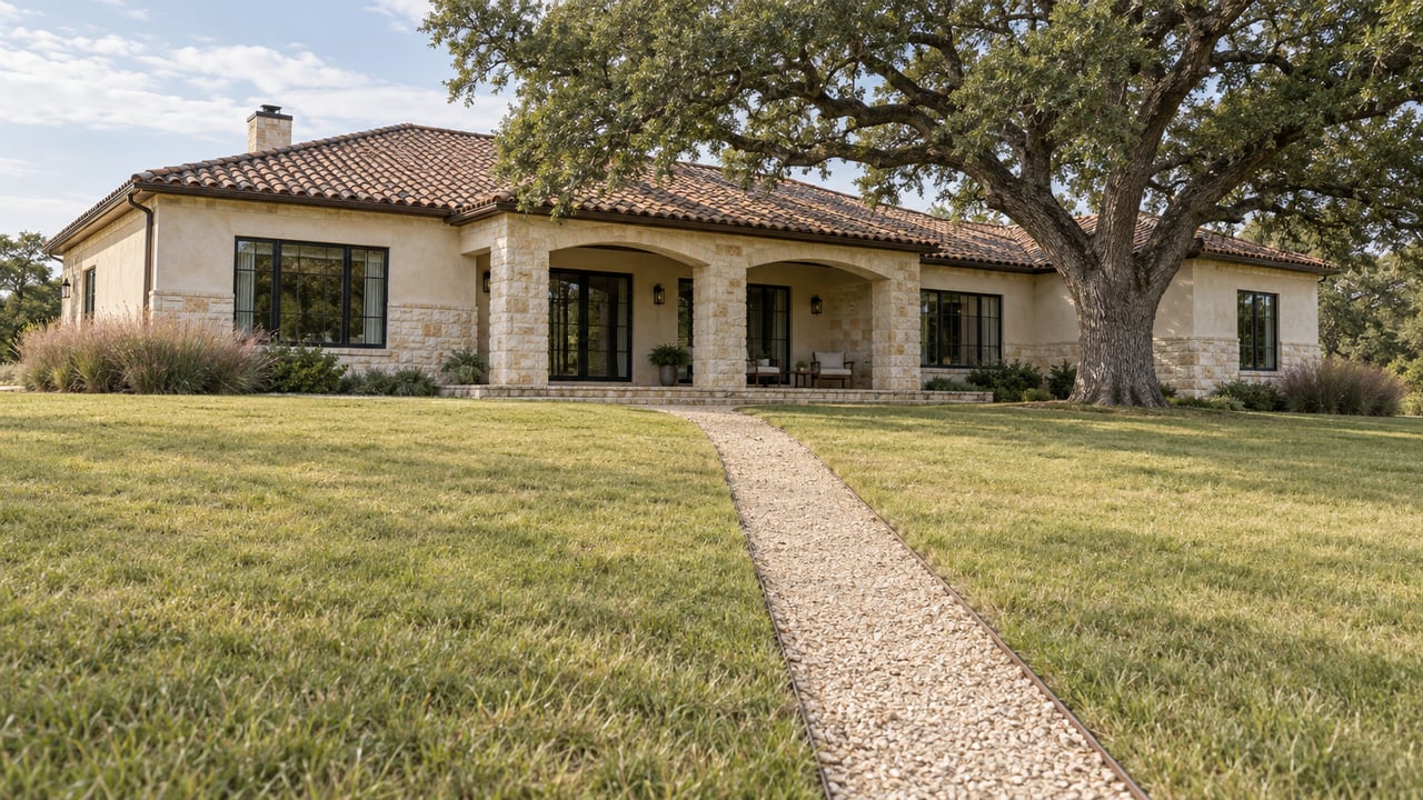 Limestone-and-stucco house with a clay-tile roof beyond a deep lawn and narrow pale stone path.