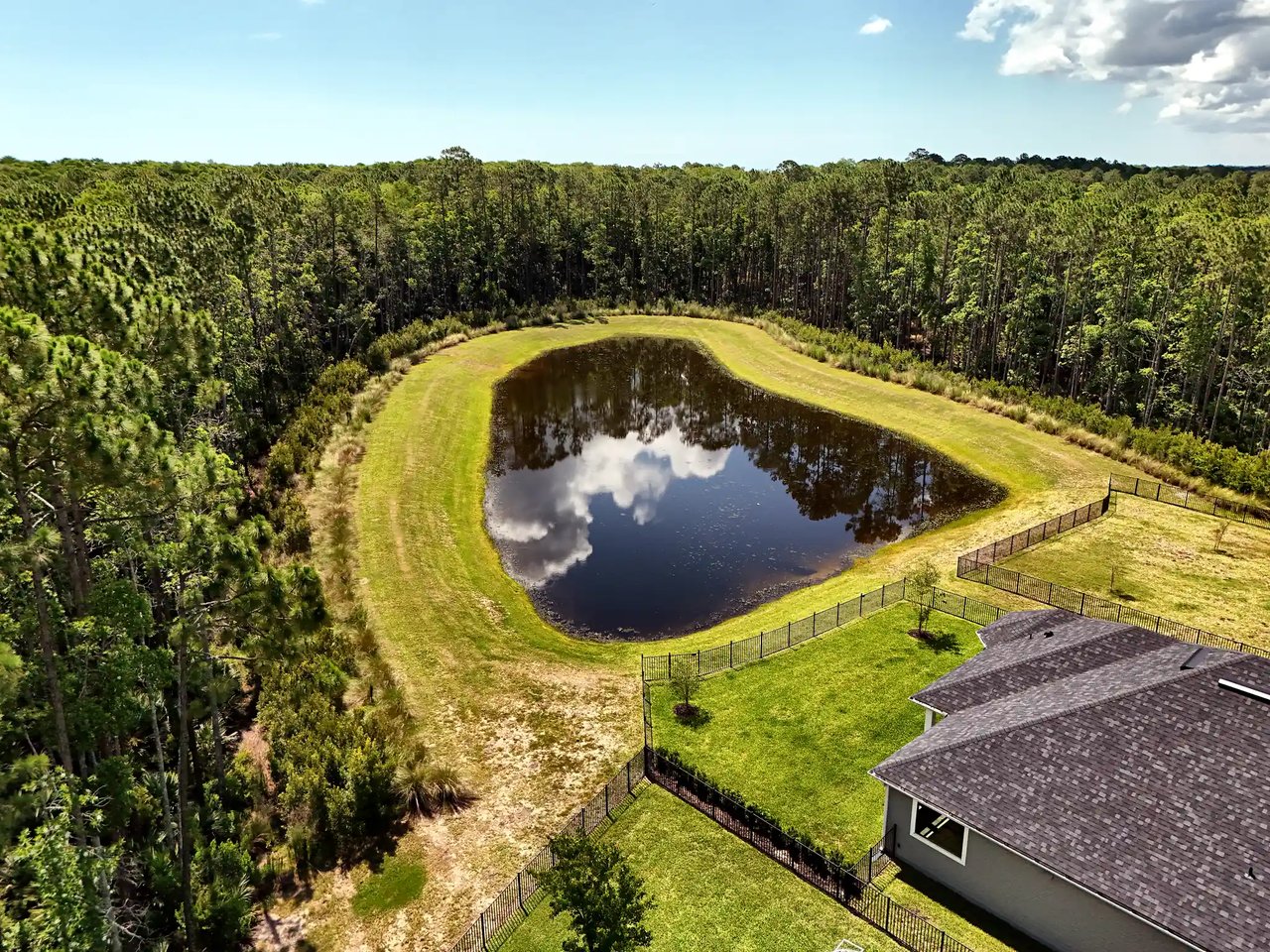 Elevated view of a pond reflecting the clouds, surrounded by tall pines and preserve near Palm Crest homes.