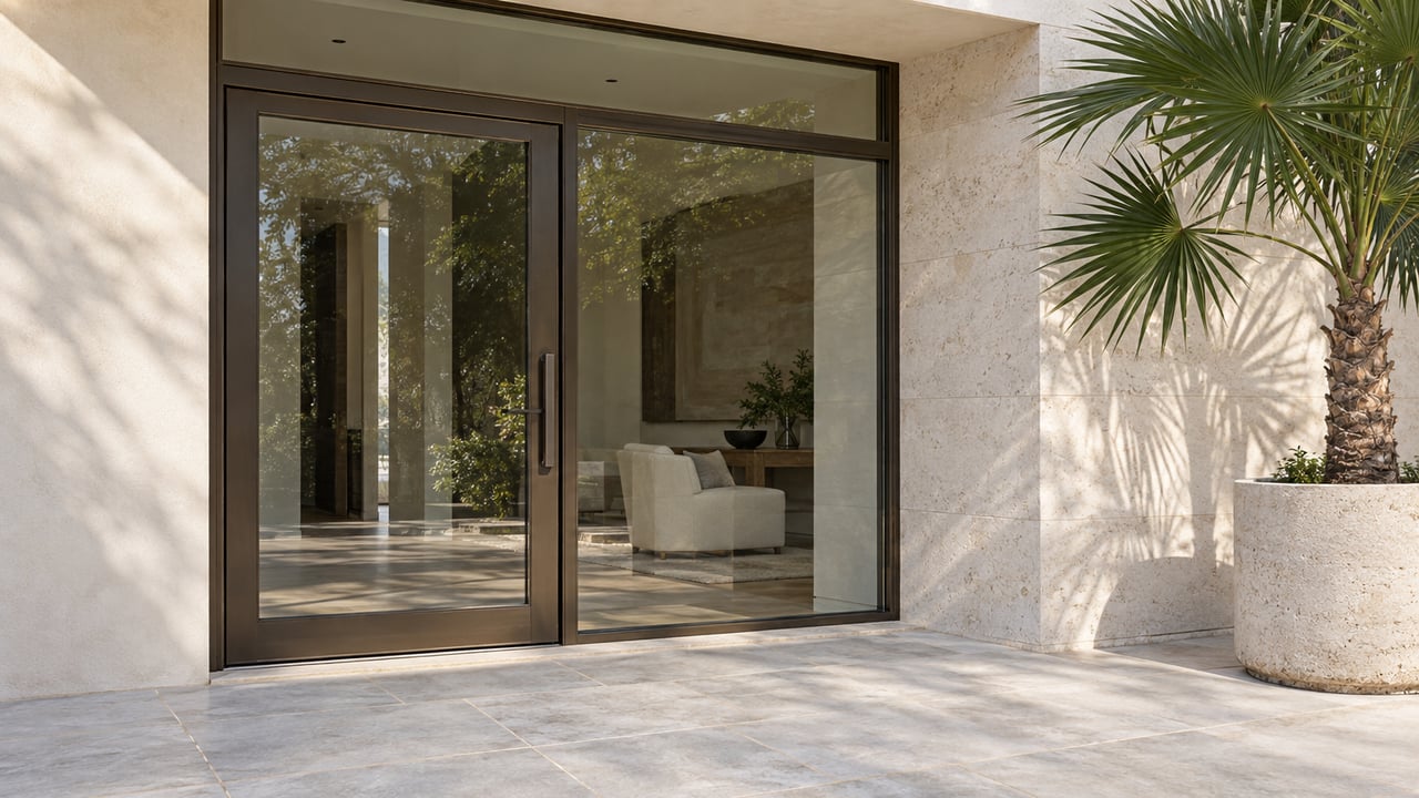 Modern home entrance with dark-framed glass doors, pale stone walls, and a potted palm on the patio.