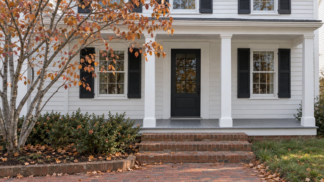 White clapboard home with black shutters, brick steps, and a pruned tree with copper-orange leaves.