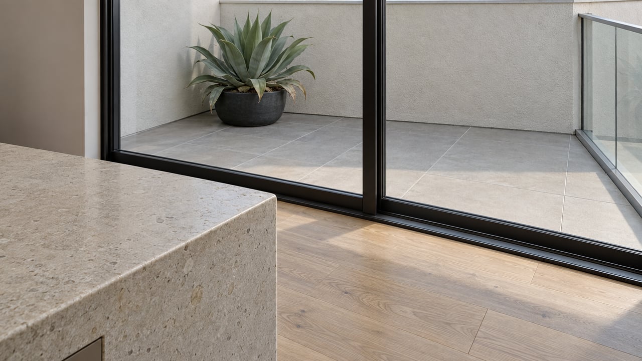 Kitchen island beside a black-framed glass slider, with an agave on the enclosed terrace.