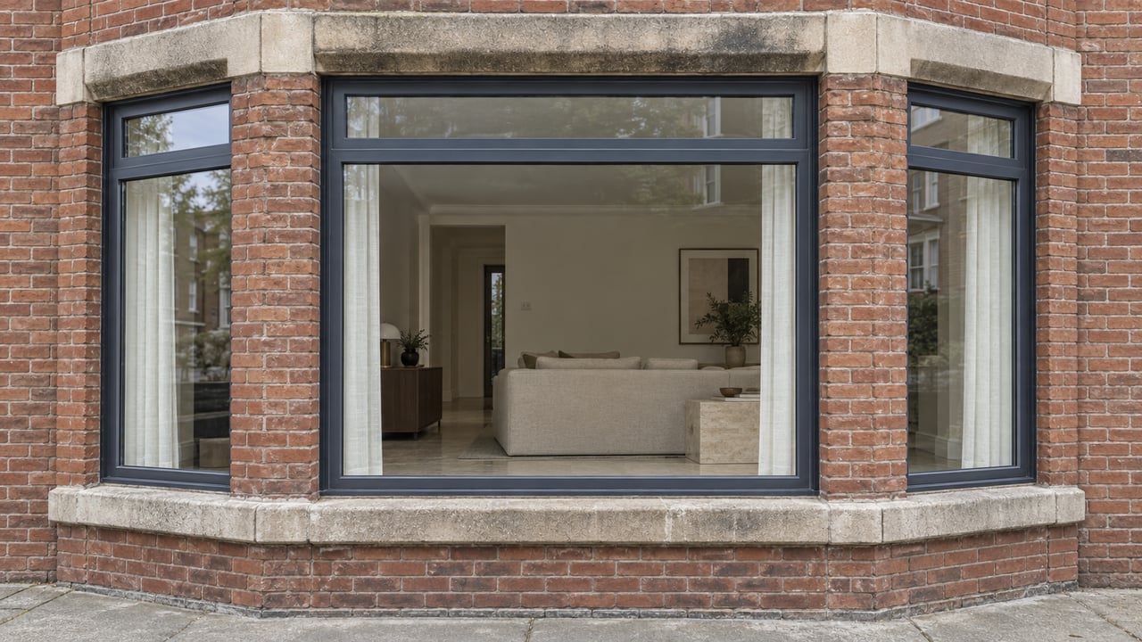 Weathered brick and limestone surround a charcoal-framed window bay, with a renovated living room visible behind intact glazing.