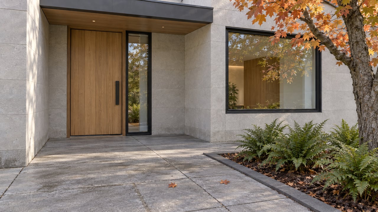 Close view of a modern home's recessed oak entry, gray masonry, dark-framed glazing, and an edged planting bed beneath autumn maple branches.