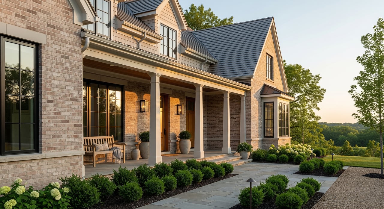 Large brick house with a columned porch, dark gabled roof, and curved garden path.
