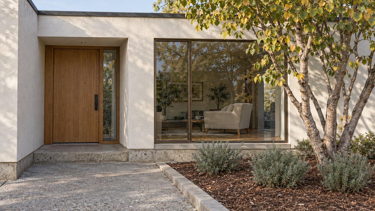 Modern home's oak front door and bronze-framed window beside a concrete approach and a small flowering-tree planting bed.