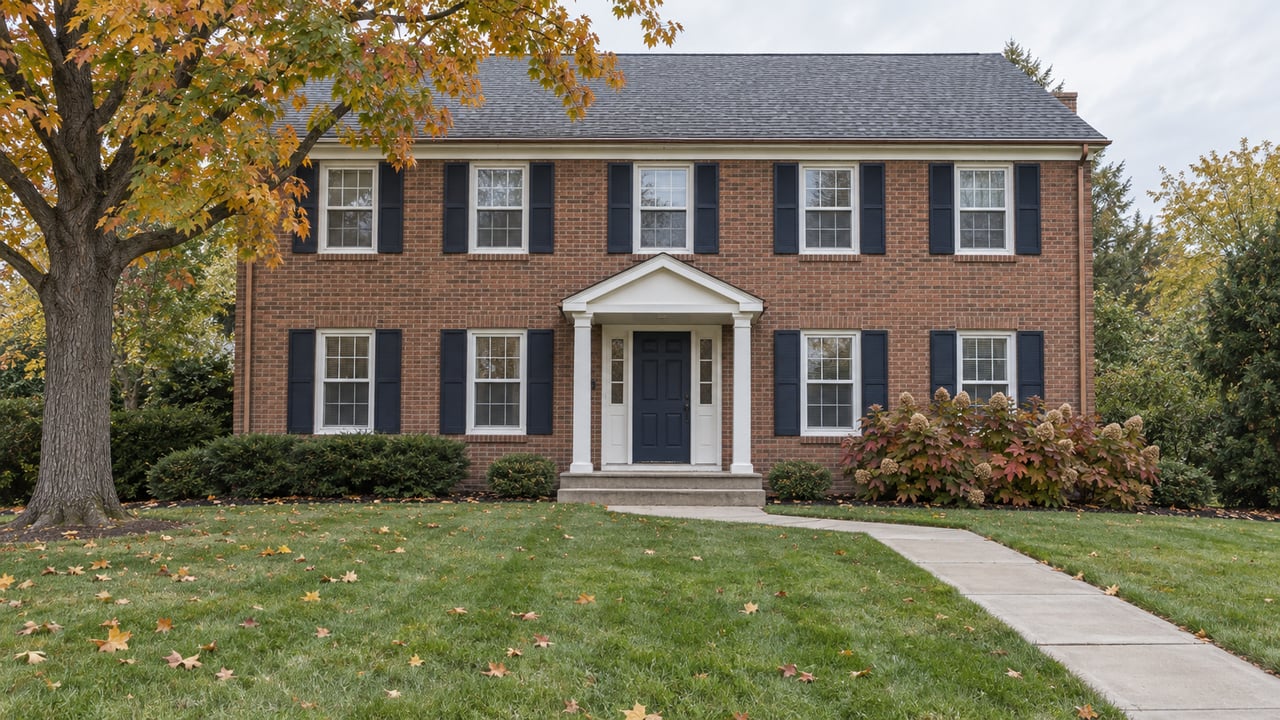 Brick Colonial home behind a deep autumn lawn, with a sugar maple, oakleaf hydrangeas and a swept concrete approach.