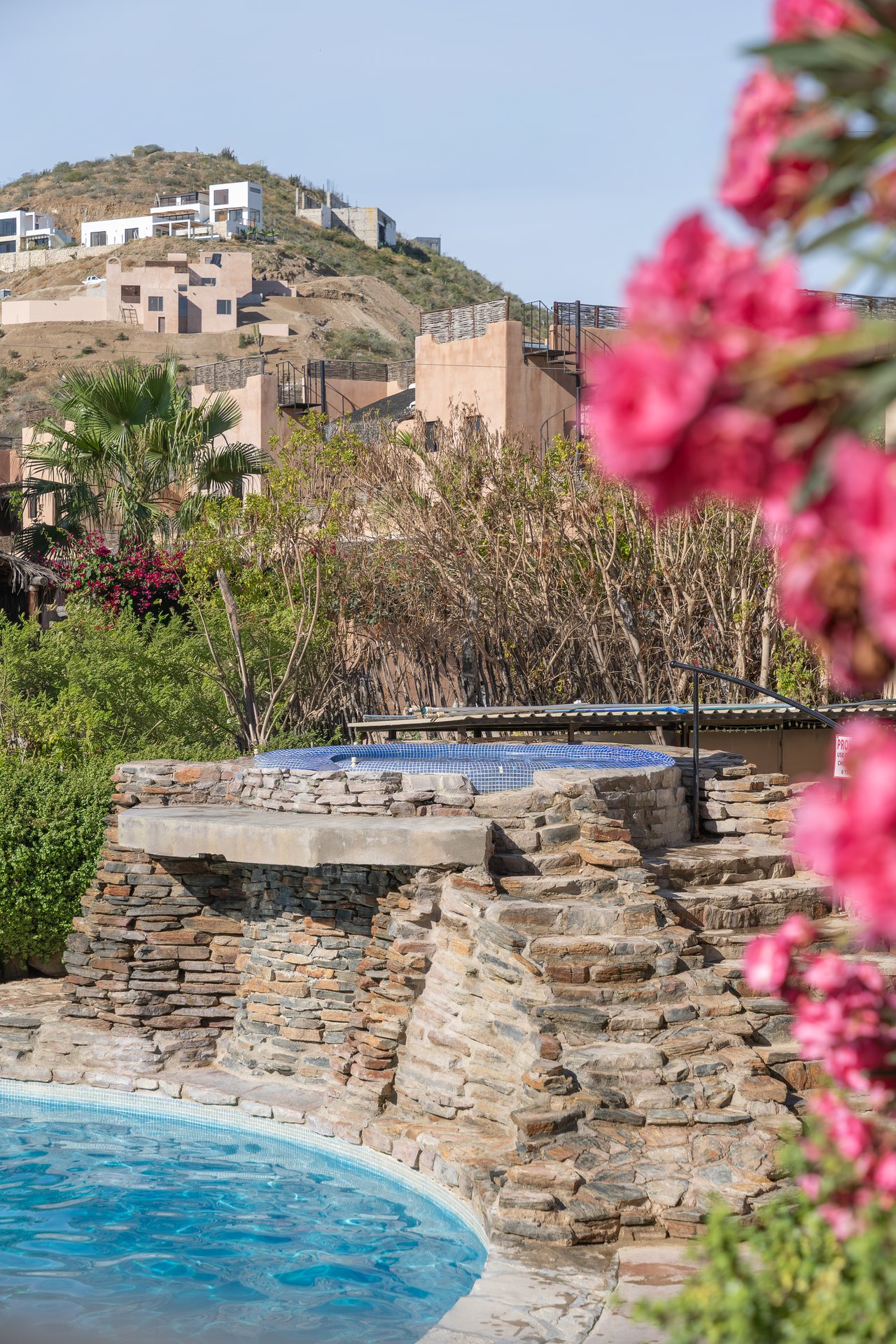 Main pool at Villas de Cerritos with mature landscaping, palm trees, and community amenities in Cerritos, Baja California Sur.
