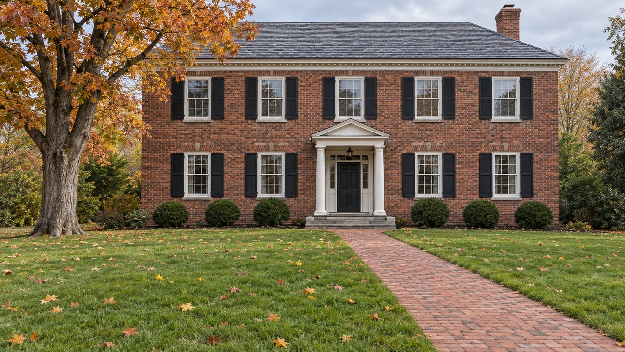 A red-brick home with white trim, a columned entrance and a broad autumn lawn beside an amber-leaved maple.