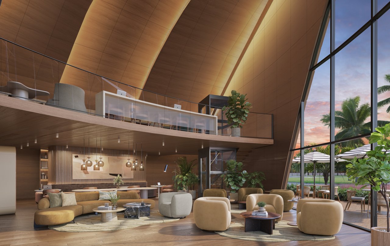 NEXO Residences lobby lounge with sculptural seating, a curved wood ceiling, and tall windows overlooking palm trees.