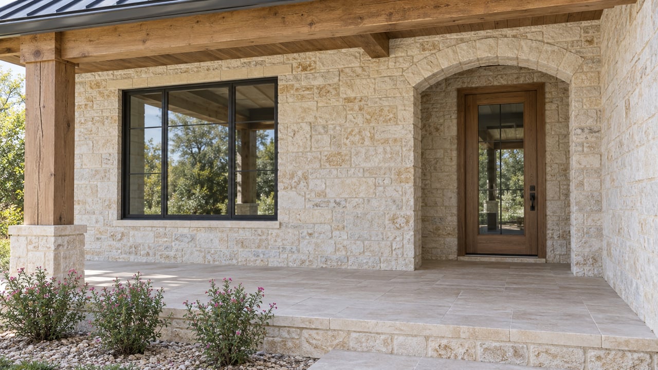 Limestone home entry with an arched oak-and-glass door, timber porch structure and pink-flowering sage beside raised stone paving.