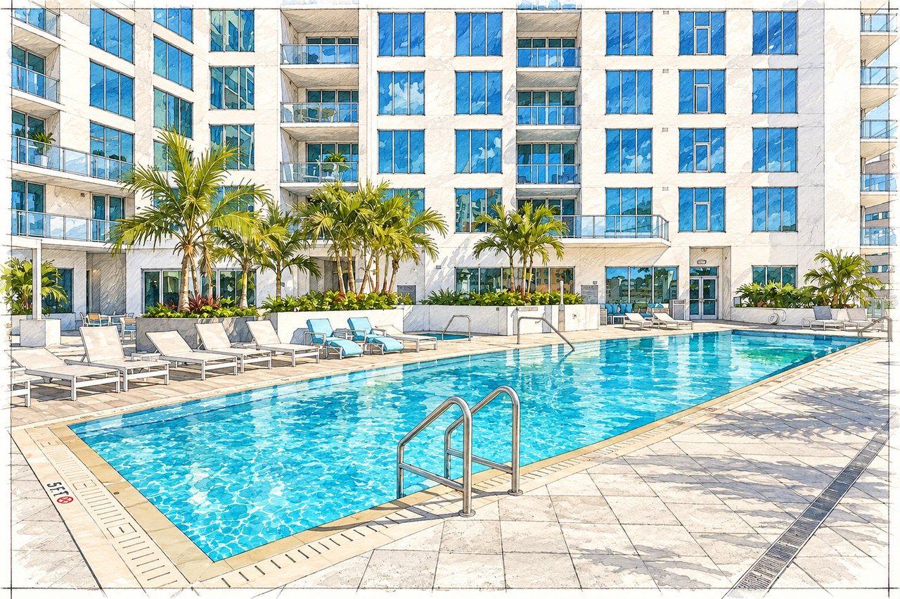 The Mark Sarasota condominium pool with palm trees, loungers, and glass-fronted balconies.