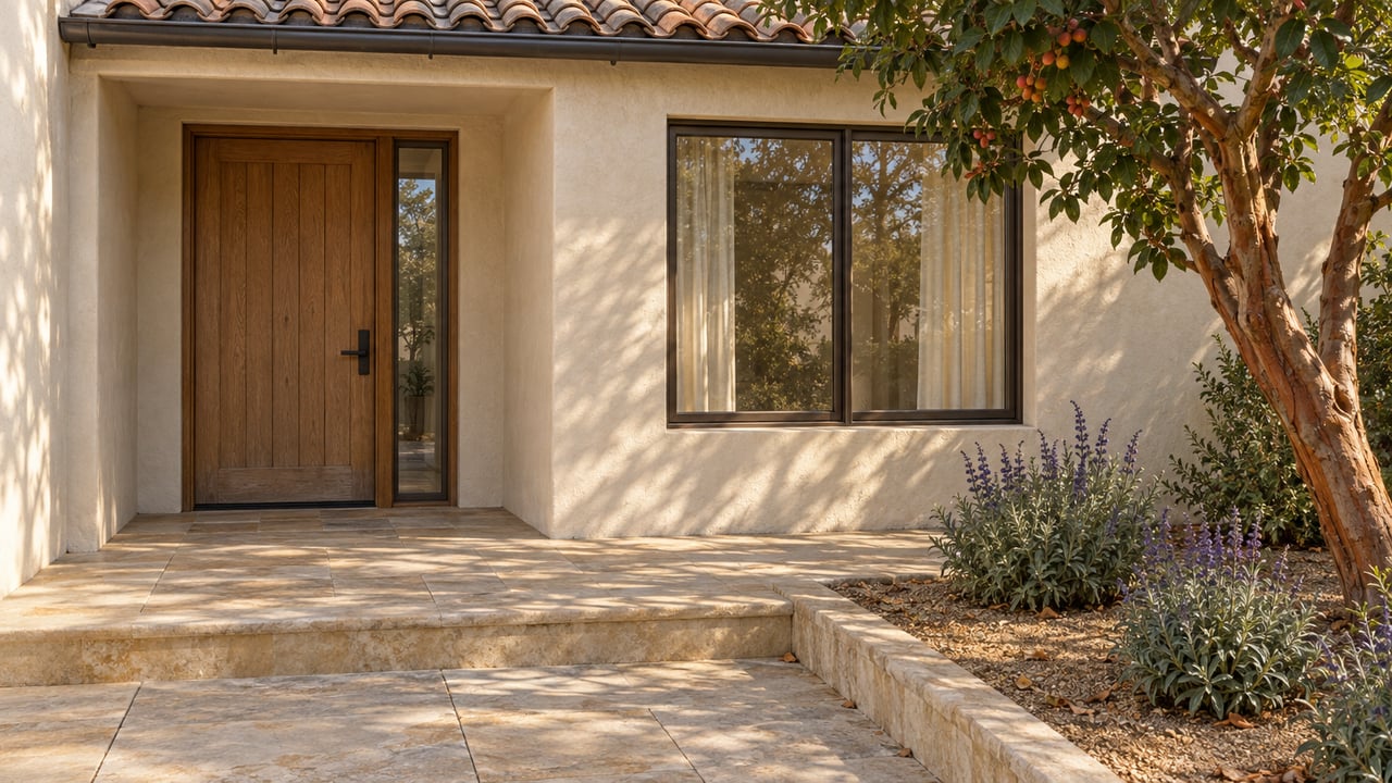 Sunlit stucco home entrance with an oak door, bronze-framed window, sandstone steps, and a strawberry tree.