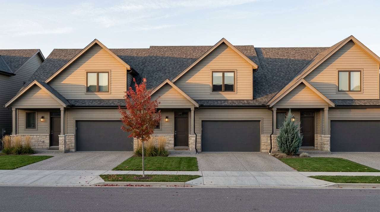 Three attached-garage townhomes with greige siding, buff stone bases, and a scarlet maple tree between two units.