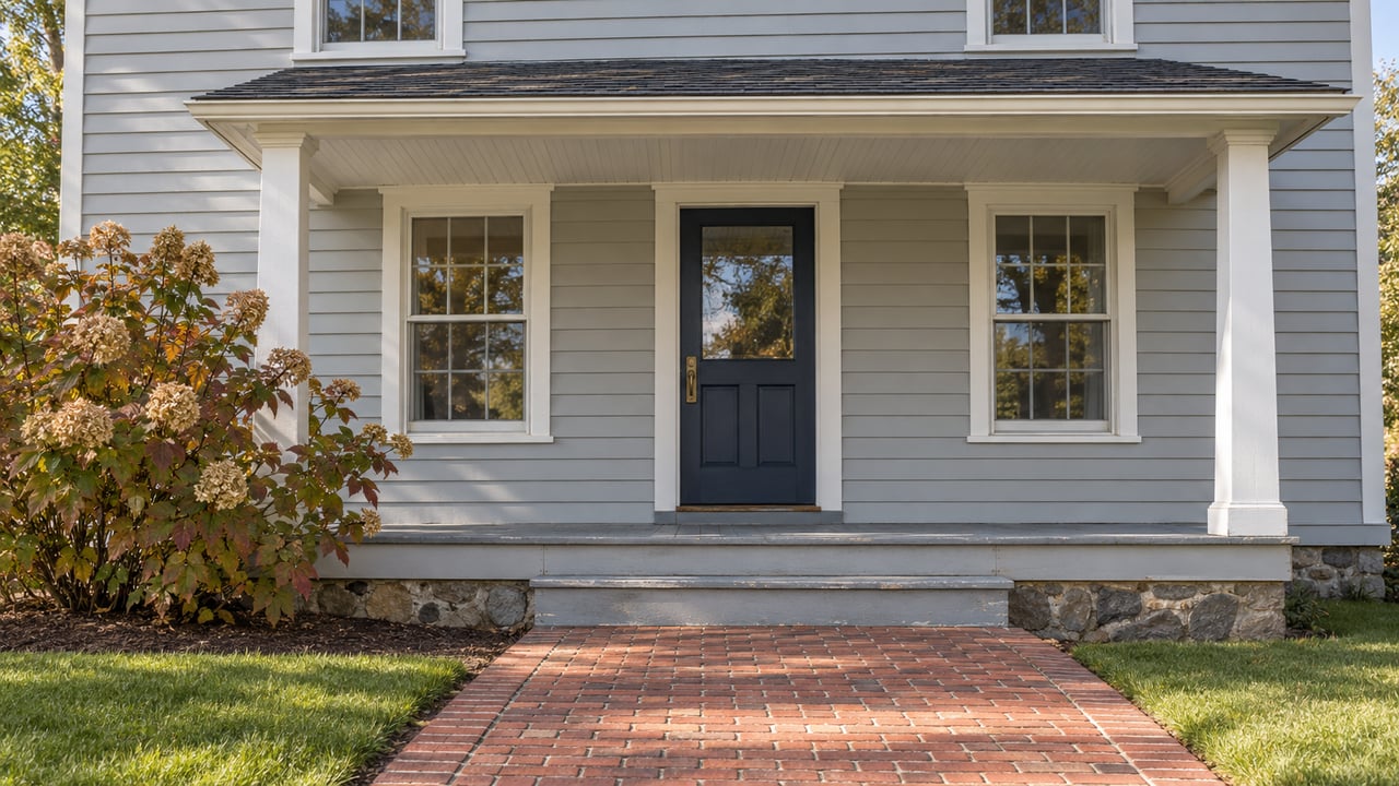 Pale gray clapboard house with a navy front door, covered porch, red brick approach and autumn oakleaf hydrangea.
